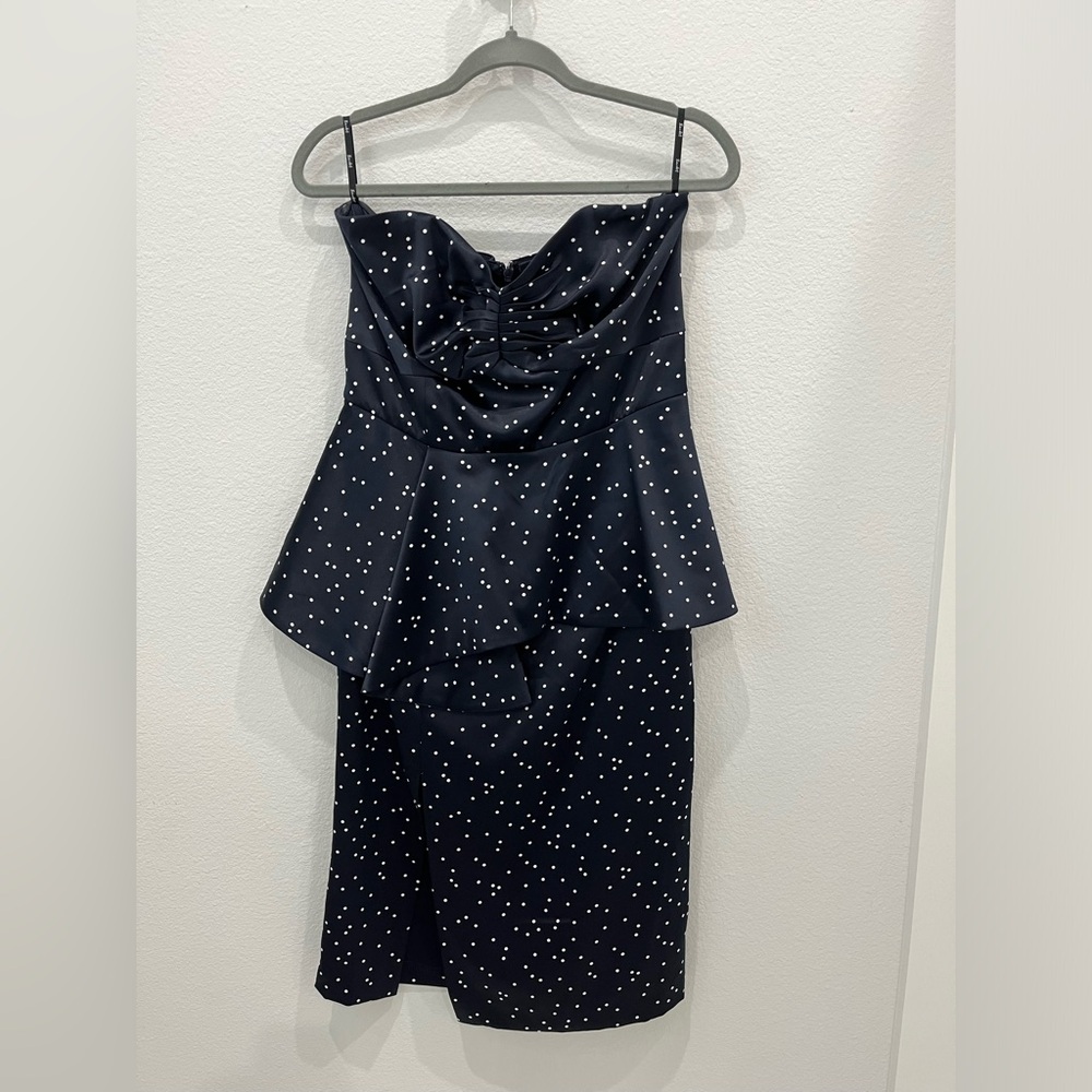 Bardot Strapless Peplum Navy Dress with White Polka Dots